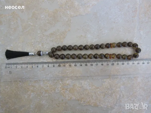 Кехлибарена броеница от натурален балтийски кехлибар цвят черен в мед /с фосили/ 22.41 гр., снимка 4 - Други - 49610943