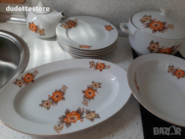 Красив супник с оранжеви цветя порцеланов, снимка 4 - Антикварни и старинни предмети - 36358533