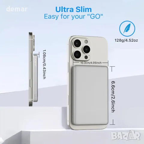 JUOVI Магнитна безжична външна батерия, ултратънка 5000mAh, 20W PD (бяла), снимка 2 - Външни батерии - 50399992