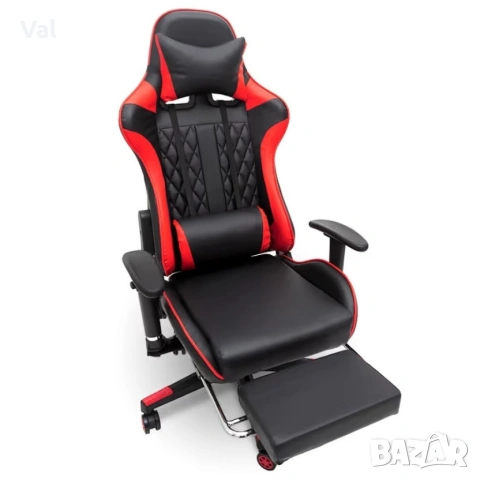 Ергономичен геймърски стол с функция за масаж и подложка за крака - червен, снимка 8 - Столове за офис - 53642002