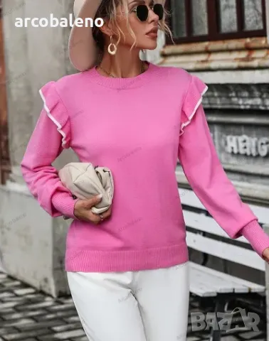 Дамски свободен едноцветен пуловер с кръгло деколте и волани, 4цвята , снимка 6 - Блузи с дълъг ръкав и пуловери - 47992679