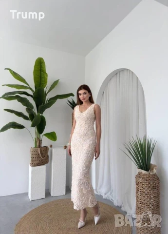 Елегантна дълга рокля,3D цветя, нежно екрю, снимка 4 - Рокли - 50614853