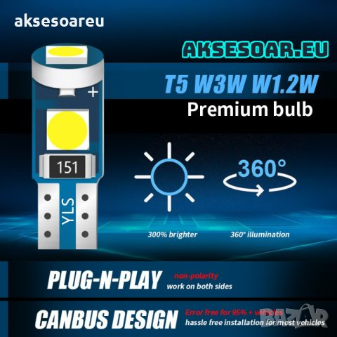 Супер ярка T5 Led крушка 3SMD 3030 светлина Лампа за арматурното табло на кола индикатор за осветява, снимка 2 - Аксесоари и консумативи - 41453366