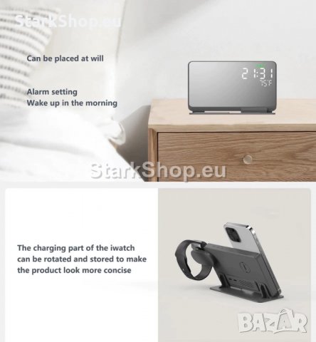  4в1 зарядна станция за Apple iPhone iWatch Airpods с аларма и термометър, снимка 5 - Захранвания и кутии - 39197409