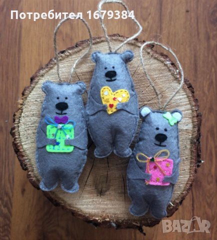 Коледна декорация / Коледни играчки за елха от филц ръчна изработка мече , снимка 3 - Декорация за дома - 34270400