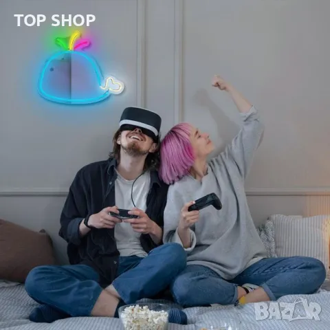 LED неонова табела Blue Whale за стенен декор, захранване от USB с димер, снимка 2 - Лед осветление - 49944969