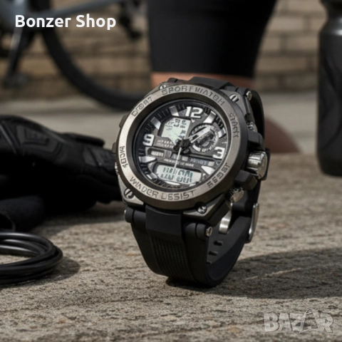 Спортен аналогово-дигитален мъжки часовник с подсветка, аларма и водоустойчив корпус, снимка 2 - Мъжки - 51997484