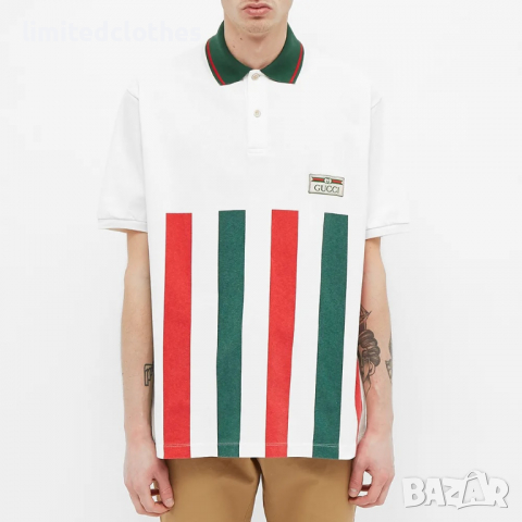 GUCCI Polo GG Patch Logo Striped Мъжка Тениска с Яка size S, снимка 1 - Тениски - 36371272