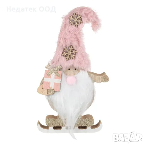 "Коледна декоративна дървена украса, Гном, Бял, 17 см  "