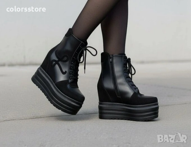 Боти на платформа - черна кожа и велур - BML60

