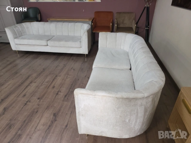 Кремав комплект дивани от плат две тройки, снимка 6 - Дивани и мека мебел - 53757076