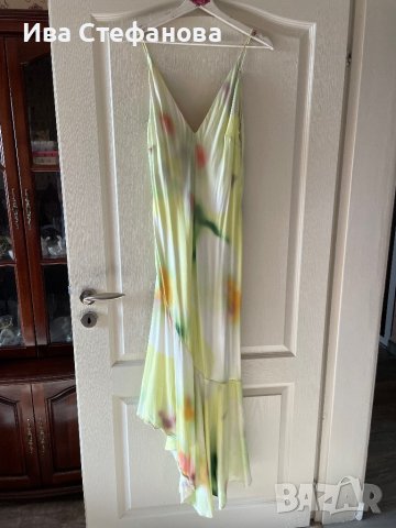 Разкошна сатенена лимонено жълто зелена свежа елегантна дълга асиметрична парти  сатен 100% визкоза , снимка 11 - Рокли - 41673550