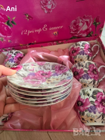 Цветен сервиз за кафе с цветя + кутия, снимка 4 - Сервизи - 52567350