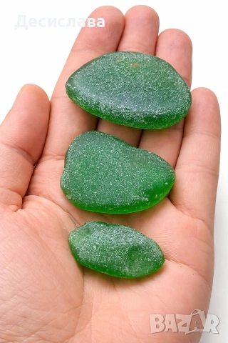 Рядко голямо зелено морско стъкло – колекционерски комплект (3 бр.)