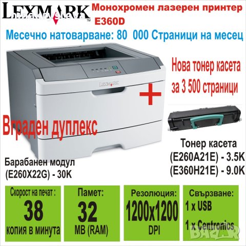 Лазерен принтер Lexmark E360D+Нова Тонер Касета,Дуплекс, снимка 1 - Принтери, копири, скенери - 37173409