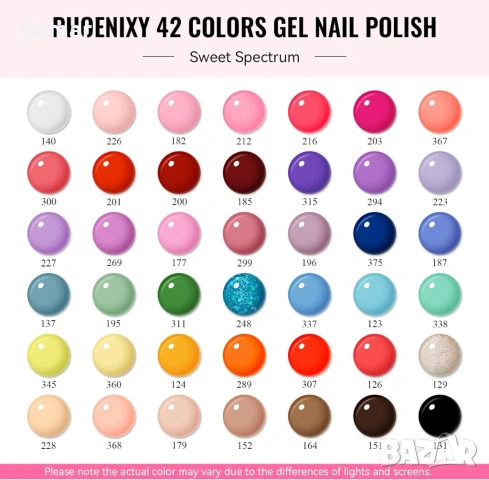 Гел лакове за нокти Phoenixy, 48 бр., 42 цвята х 7 мл + завършващи покрития, снимка 4 - Продукти за маникюр - 53783338