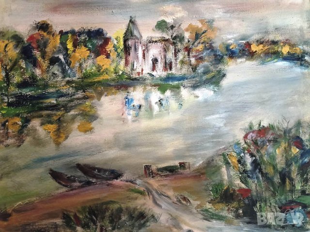 ПРОДАВАМ СТАРА МАСЛЕНА КАРТИНА - ЕСЕНЕН ПЕЙЗАЖ/РЕКА С ЛОДКИ , снимка 2 - Картини - 39716822