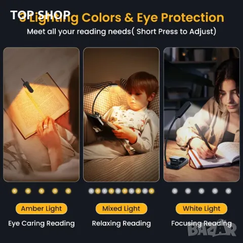 Лампа за книга GARITE, 10 LED димируема лампа за четене с щипка за книга, батерия с дълъг живот, аку, снимка 10 - Лед осветление - 48842540