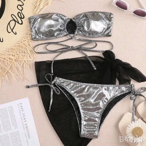 Сребърен бански с връзки металик, снимка 1