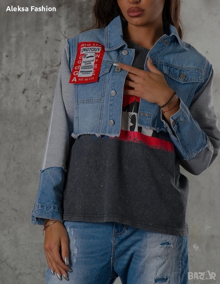 Дамско късо дънково яке с ръкави от плат , снимка 1