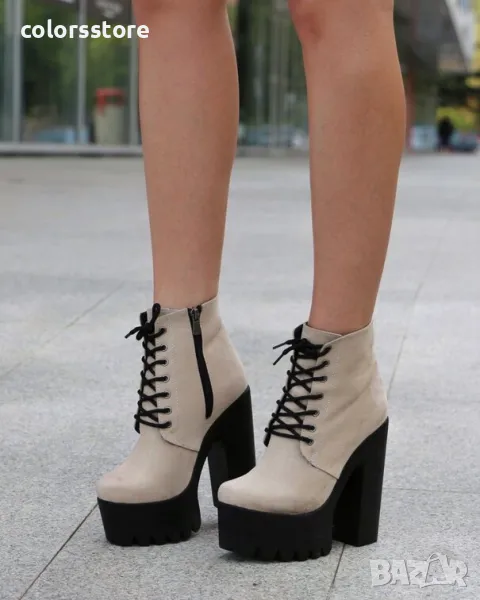 Боти на ток - бежов велур с черно ходило - 591, снимка 1