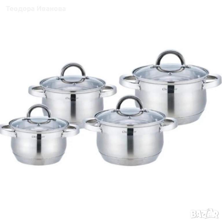 Комплект тенджери Cheffinger – 8 части инокс с капаци, за всички видове котлони, снимка 1