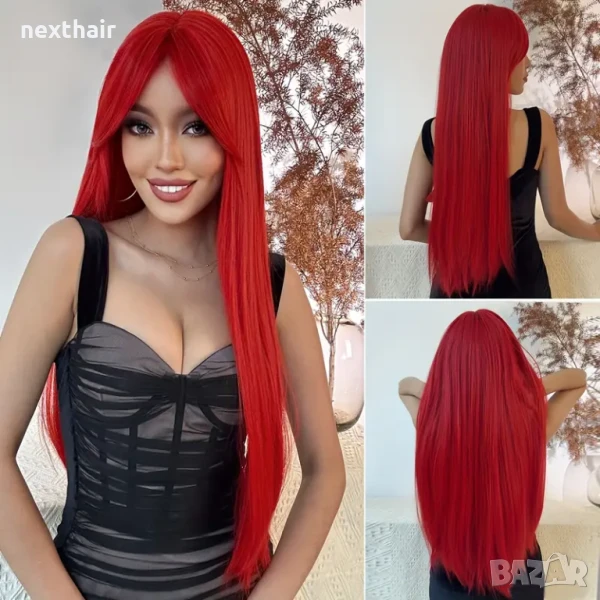 80 см Ярко червена права синтетична перука с дълъг бретон, снимка 1