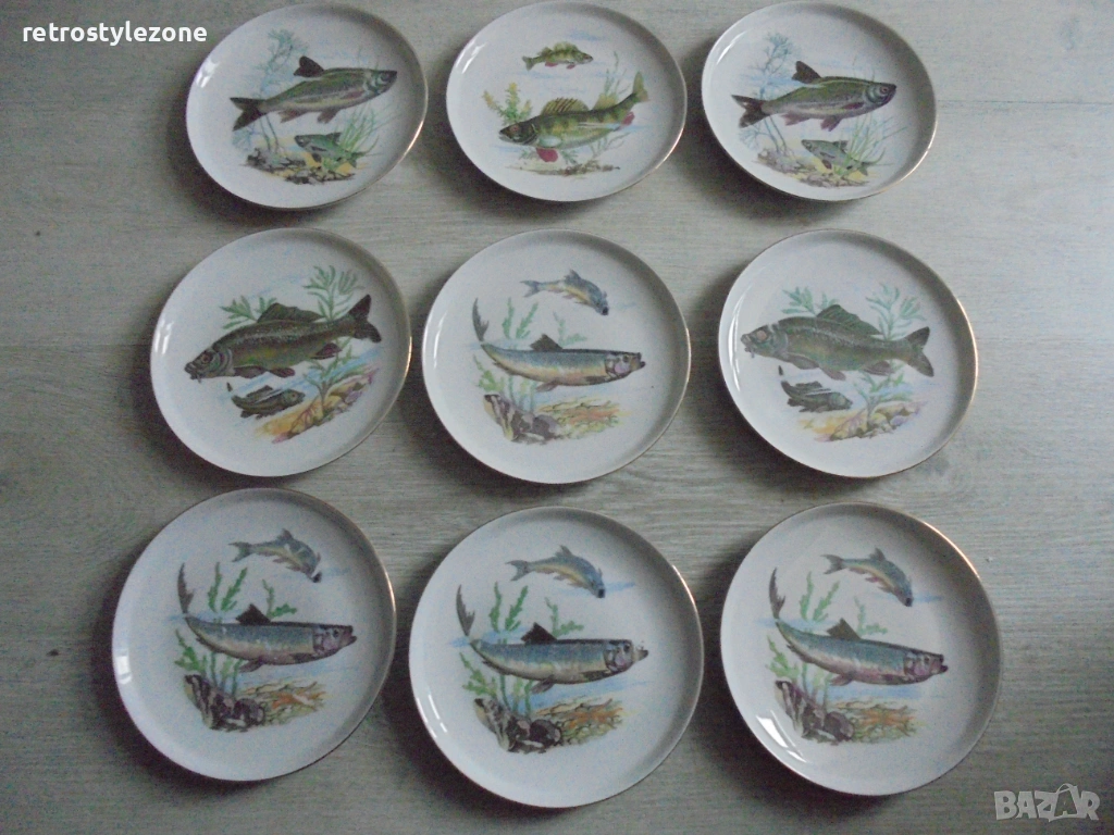 № 8467 Сет от 9 порцеланови чинии с илюстрации на риби  Colditz Germany, снимка 1
