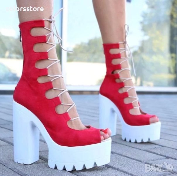 Летни боти на ток - червен велур - 101, снимка 1