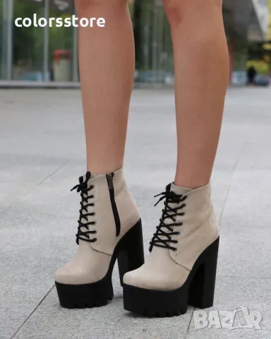 Боти на ток - бежов велур с черно ходило - 591