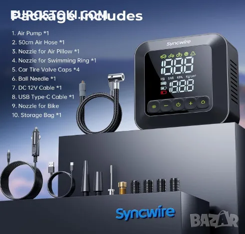 Преносима помпа за гуми Syncwire, преносим въздушен компресор 150 PSI за автомобилни гуми, LCD , снимка 8 - Аксесоари и консумативи - 56108354