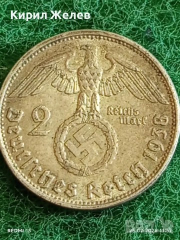 Сребърна монета 2 райхсмарки 1938г. Германия Трети Райх с Свастика за КОЛЕКЦИОНЕРИ 53073, снимка 6 - Нумизматика и бонистика - 53616251