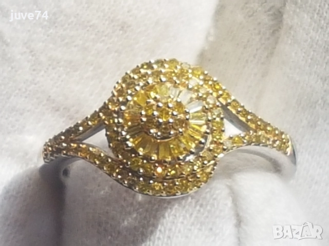 СРЕБЪРЕН ПРЪСТЕН С ЕСТЕСТВЕНИ ЖЪЛТИ ДИАМАНТИ СЕРТИФИКАТ, снимка 4 - Пръстени - 52236917