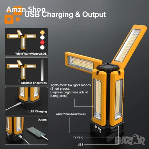 Къмпинг лампа 13200mAh акумулаторна соларна работна лампа IP64 8000 лумена, снимка 3 - Къмпинг осветление - 50586304