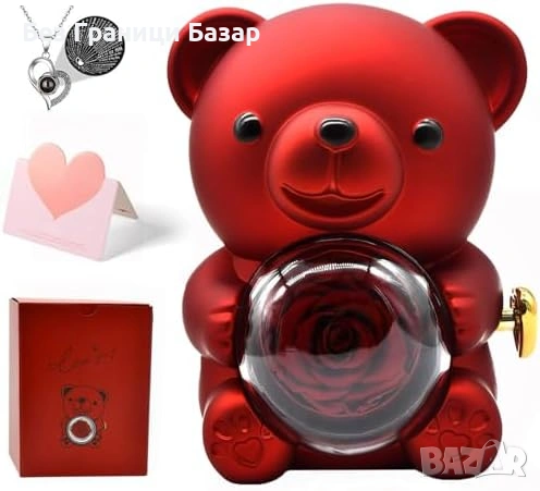 Нова Вечна роза меченце с колие и картичка – романтичен сет (червен)