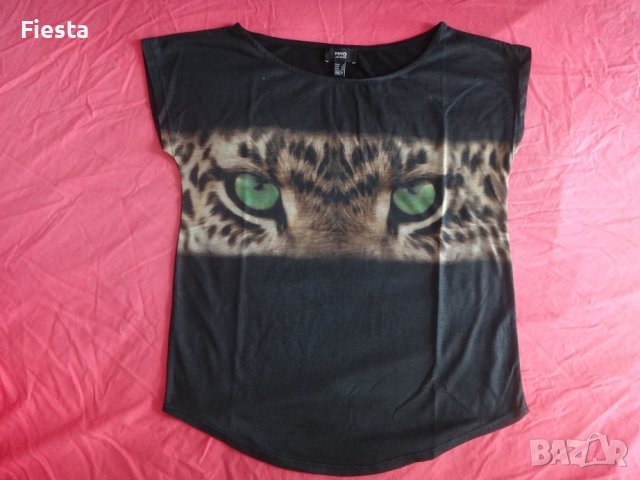Черна тениска Mango с тигър, блуза с леопард