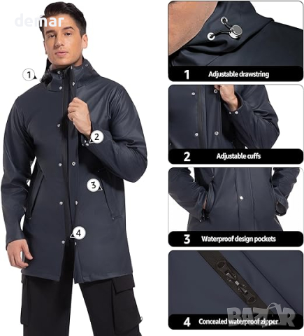 UNIQUEBELLA Дъждобран за мъже, водоустойчиво, ветроустойчиво яке за дъжд с качулка, черно, снимка 2 - Якета - 44535579