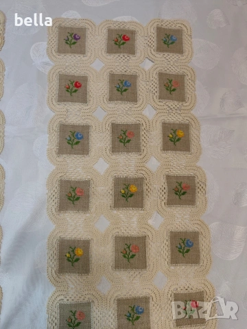 Ръчно бродирани 2 карета (тишлайфери)с плетена дантела, снимка 7 - Покривки за маси - 53643627