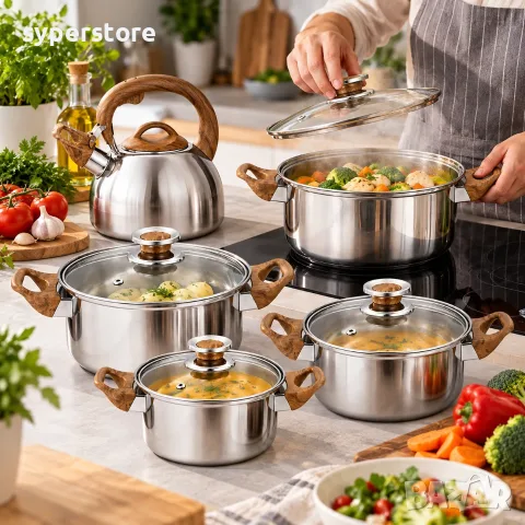 Комплект съдове за готвене, Digital One SP01506, 12 части от неръждаема стомана, тенджери и чайник