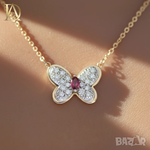 Ново Златно Колие "Пеперуда" с Естествен Рубин и Естествени Диаманти