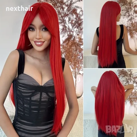 80 см Ярко червена права синтетична перука с дълъг бретон