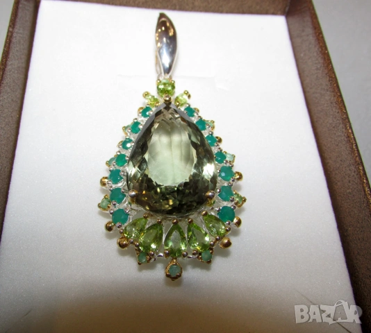 925 сребърно колие с натурален зелен аметист празиолит 24 карата, снимка 3 - Колиета, медальони, синджири - 53783766