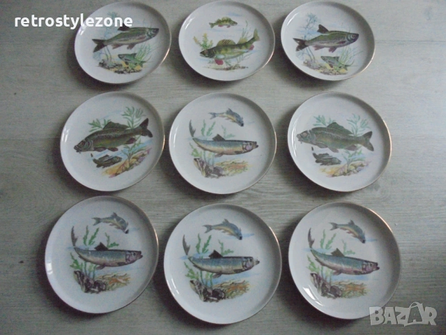№ 8467 Сет от 9 порцеланови чинии с илюстрации на риби  Colditz Germany