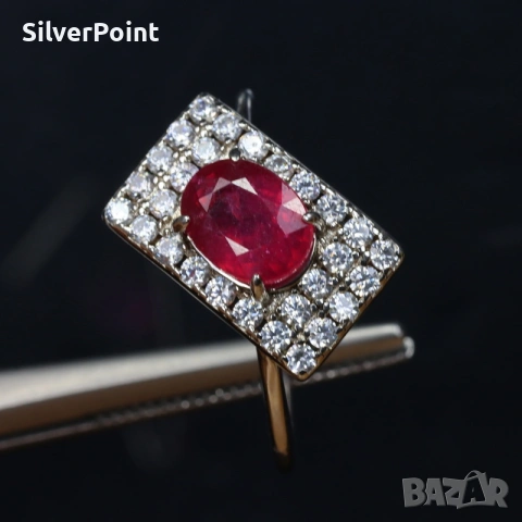 Сребърен пръстен с Vivid red Рубин и сертификат , снимка 3 - Пръстени - 53647161