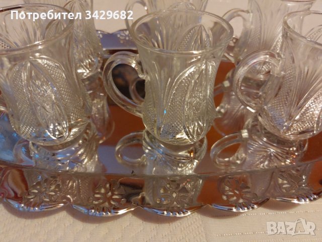 Стъклени чаши с дръжка за чай и Кафе с поднос, снимка 1 - Чаши - 41839874