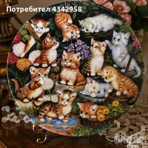 🐱 Колекционна порцеланова чиния Kahla – „Heiteres Finale mit der Katzenschar“, 1997 г.