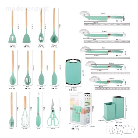 К-т силиконови прибори 33 части със стойка ножове, ножица и дъска, снимка 3 - Прибори за хранене, готвене и сервиране - 52119819