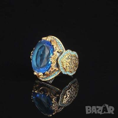 Дамски пръстен със син топаз и родиево покритие