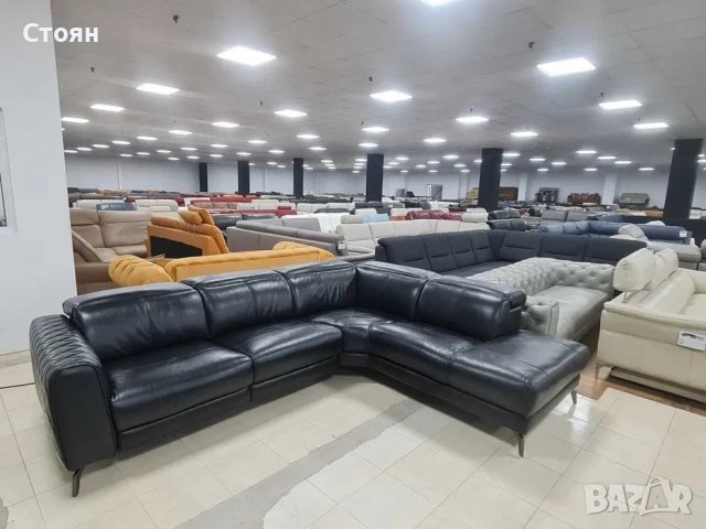 Черен кожен ъглов диван с електрически релаксиращ механизъм, снимка 1 - Дивани и мека мебел - 39963873
