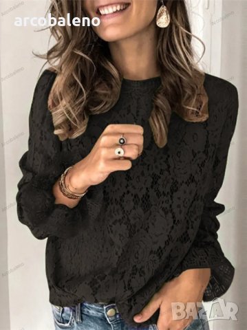 Дамска едноцветна дантелена блуза с кръгло деколте с дълги ръкави и маншети, 4цвята - 023, снимка 5 - Ризи - 39299192